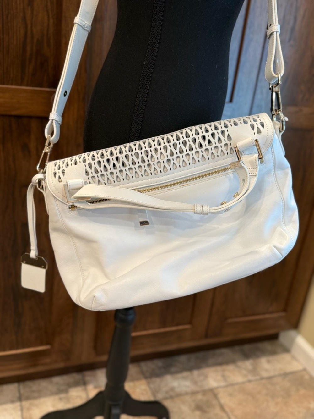 Stuart Weitzman White Woven Leather Crossbody Satchel - Picture 4 of 10